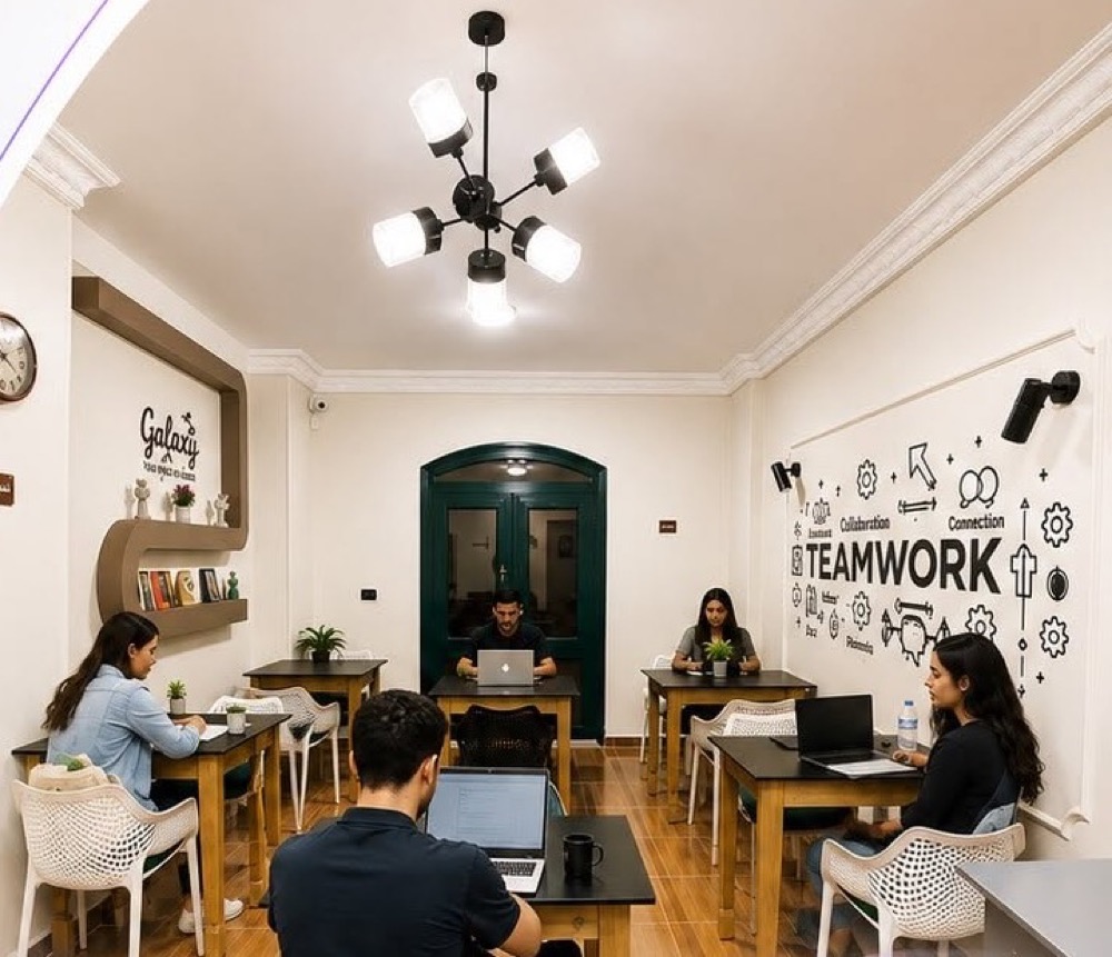 Neptune shared workspace with desks and people working on laptops